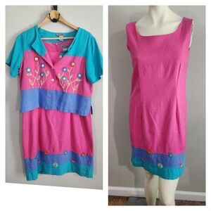 Vintage 80s linen blend 2 Piece Dress Set Womens 6p Tri Color Embroidered quirky